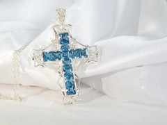 Large Sterling Silver 925 Heated London Blue Topaz Cross Pendant Necklace