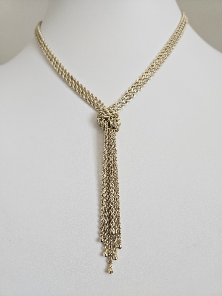 VTG Gold Vermeil Sterling Multi Strand Rope Waterfall Knot Tassel Necklace 17″