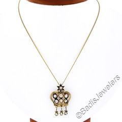 Antique Victorian 14K Gold .78ct Diamond Open Star Crown Dangle Pendant & Chain