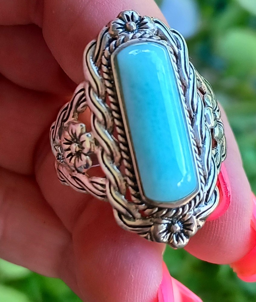 Vintage Blue Latimar Floral Sterling Silver Ladies Ring Sz 11.25