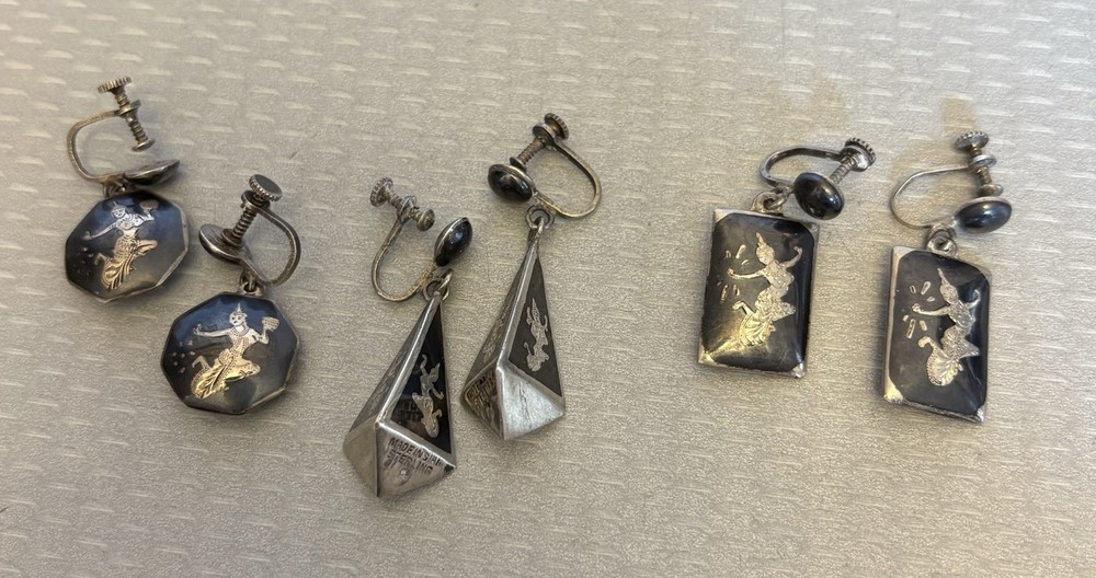 Vintage Siam Sterling Silver Niello Enamel Screw Back Earrings Dangle Drop LOT 3