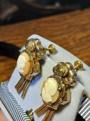 Antique Gold Filled Old/Young Cameo Necklace Double Sided Pendant & Earrings SET