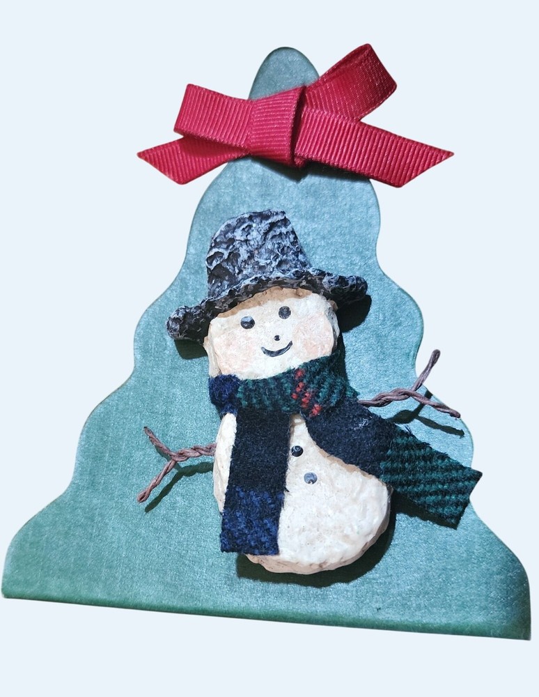 Vintage 2.75″ Snowsnickle Lapel Pin on cardboard Christmas tree display Snowman