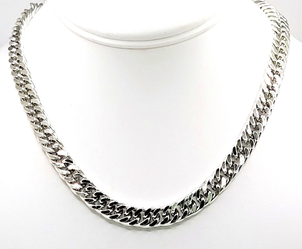 Vintage Rhodium Plated 9mm Curb Chain Choker Necklace 14″- 17.5″ Hook Clasp