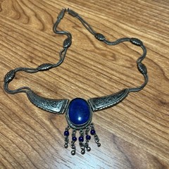 Vintage Antique 800 Silver Lapis 18 In Necklace with Inset Stone