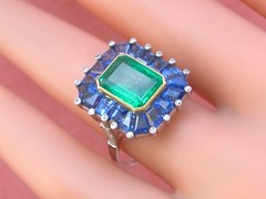 ESTATE ART DECO 2.30 ct EMERALD 4 ctw SAPPHIRE DIAMOND PLATINUM COCKTAIL RING