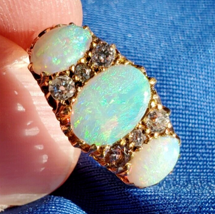 Original EARTH MINED OPAL DIAMOND ART Deco Engagement Ring Antique 18K GOLD BAND
