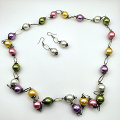 Vintage Beaded Necklace And Earrings Set Multicolor Metal Strand