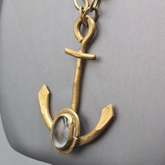 Vintage Brass Anchor Pendant Necklace Brutalist Glass Cabochon Statement Piece