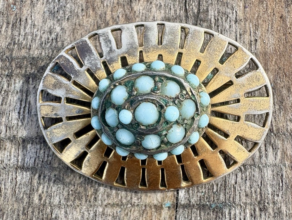 Vintage Brass Oval Brooch Cluster Setting Light Blue Glass Stones 2 Inch