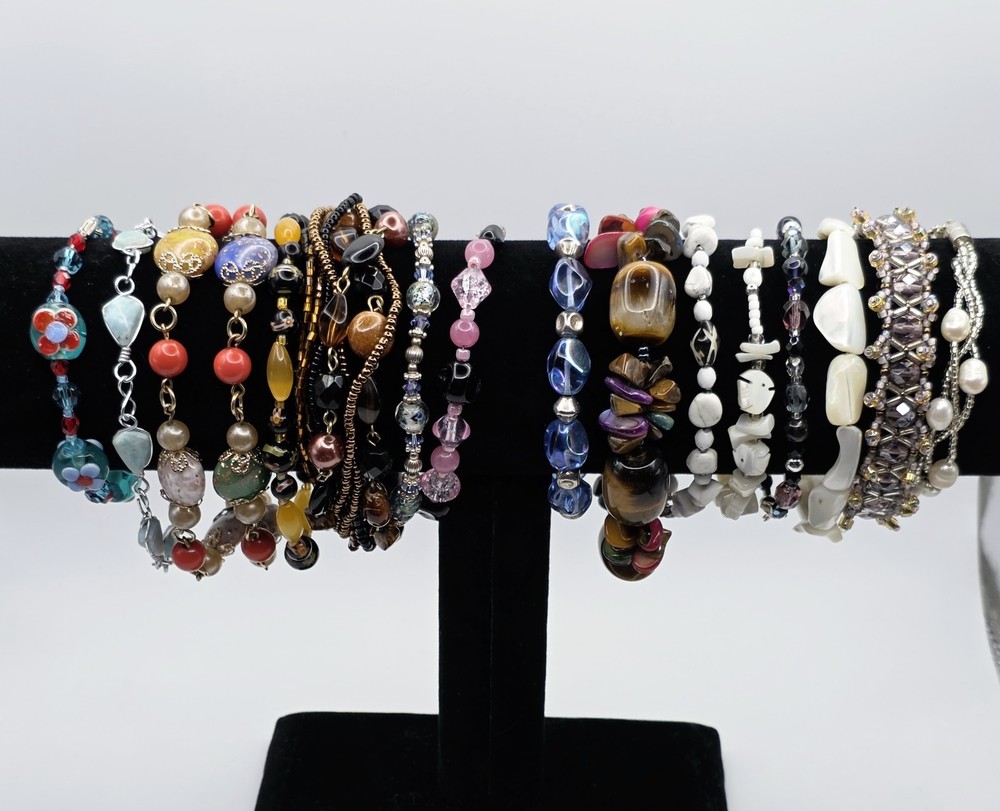 Vintage Estate Beaded Bracelet Lot 14 Pc Art Glass Gemstone Craft Harvest Wear