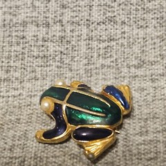 2 Vtge Pins Brooch Cat Eye Glasses Clear Rhinestone & Enamel Frog Green/ Blue