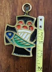 Vintage Terra Sancta Guild Cross Food For Life Fish Gold Enamel Pendant Israel