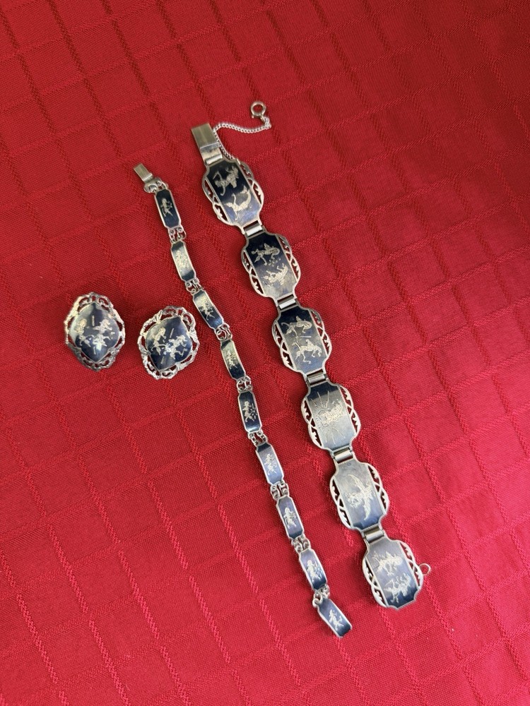 Vtg Siam Sterling Niello 2 Bracelets Earrings Set Black Silver Thailand