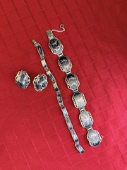 Vtg Siam Sterling Niello 2 Bracelets Earrings Set Black Silver Thailand