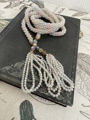 Vintage Long Pastel Art Deco Beaded Lariat Necklace Iridescent Blue Pink Flapper