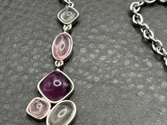 Napier 80s 90s Purple Pink Cabochon Station Silver Tone Necklace 16-18”