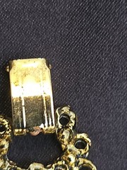 Vintage MCM Gold Tone Lime Green Glass Nugget Panel Link 7″ Bracelet Faux Pearl