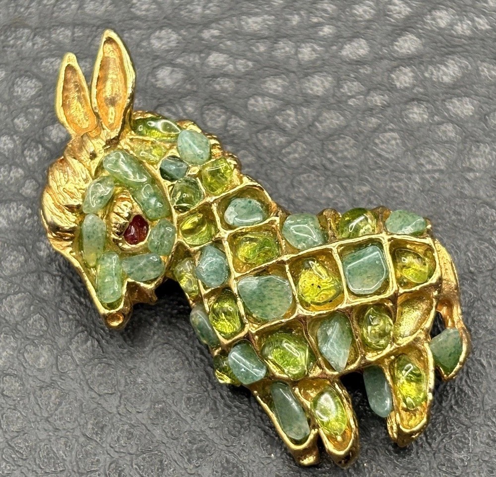 Vintage Swoboda Green Peridot Donkey Brooch Red Ruby Eyes Stone Pin