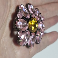 Gold Tone Pink And Yellow Flower Rhinestone Brooch