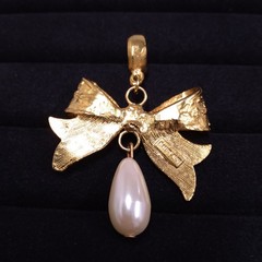 Dauplaise Gold Tone Bow Pendant with Faux Pearl Dangle (No Chain)