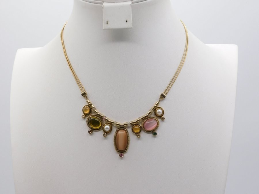 J812-VINTAGE NECKLACE~GOLD TONE~SIGNED CH~PASTEL STONES/FAUX PEARLS~16″-18″