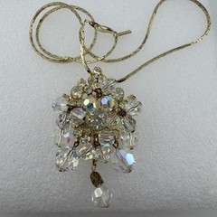 Vintage AB Glass Crystal & Clear Rhinestone Dangle Pendant Brooch &Gold Necklace