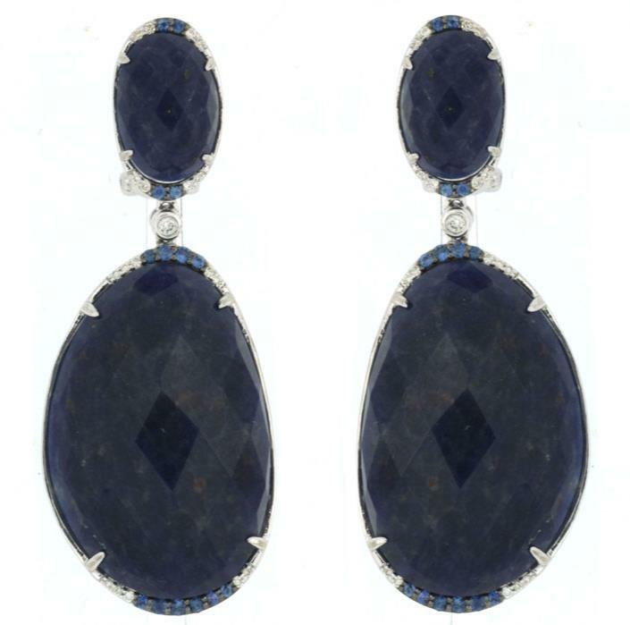 55.52CT DIAMOND & AAA SODALITE & SAPPHIRE 14KT WHITE GOLD OVAL HANGING EARRINGS