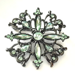 Vintage Beautiful Jet Black Metal Bright Green Marquis Rhinestone 2″ Brooch Pin