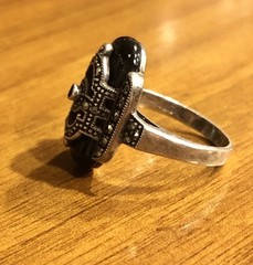 Vintage Art Deco Sterling Silver Black Onyx Marcasite Statement Ring