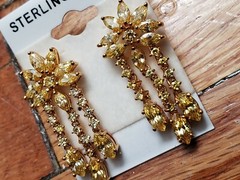 VINTAGE * STERLING SILVER (925) * EARRINGS 1″- GOLD PLATE on SILVER, CITRINE