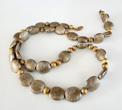 Vintage Oval Ribbed Flat Bead Frosted Silver & Gold Tone Necklace Sterling Clasp