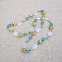 Vintage Boho Gold Filigree Opalite Moonstone Glass Turquoise Bead Necklace 26″