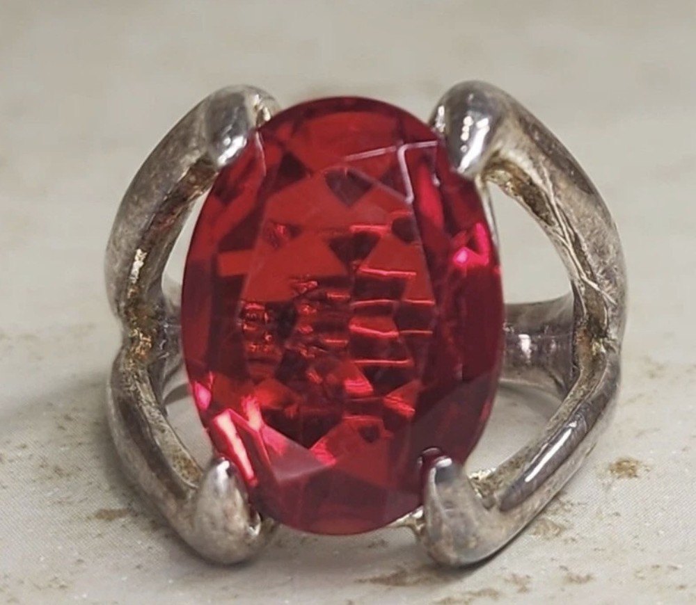 VINTAGE RUBY SOLITAIRE RING SILVER OVAL CUT 17mm SIZE 8 Marked 3