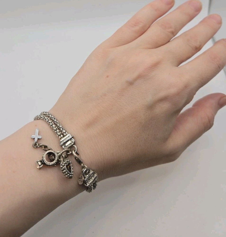 Vintage Silver Chunky Charm Bracelet 90s Y2k Heart Ring 7″ McBling Whimsical