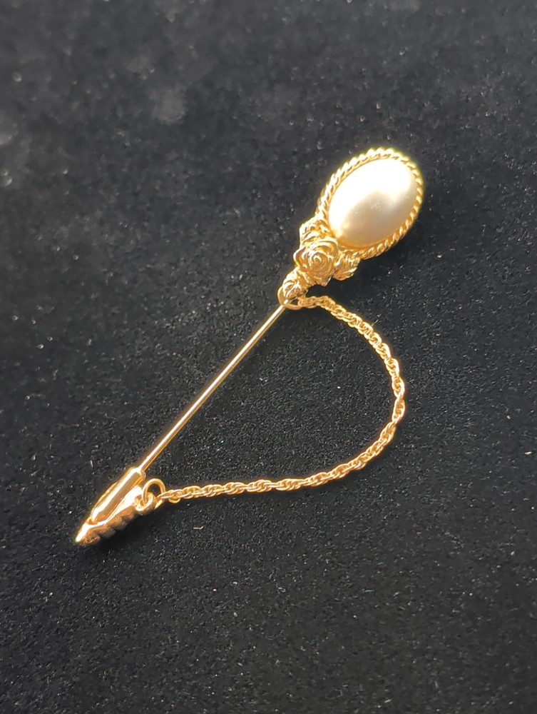 Vintage Gold Tone White Faux Pearl Double Sided Chain Drape Stick Hat Pin 2.5″