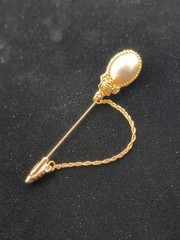 Vintage Gold Tone White Faux Pearl Double Sided Chain Drape Stick Hat Pin 2.5″