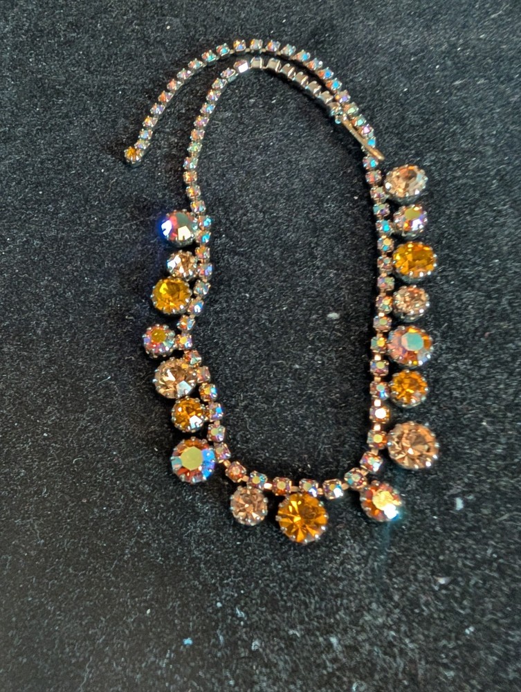 Vintage 1950’s Goldtone Aurora Borealis Amber Color Rhinestone Choker Necklace