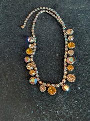 Vintage 1950’s Goldtone Aurora Borealis Amber Color Rhinestone Choker Necklace