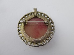 Vintage Woman & Cherub Angels Red Resin Carved Cameo Scenic Round Brooch Pin