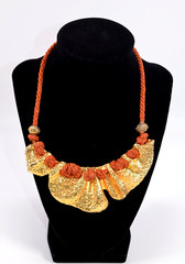 Gold Tone Cast Metal Wavy Bib Necklace W/ Cord Heavy Chunky 15.5″