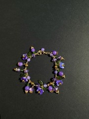 Gold Tone 7.5” Vintage Style – Green Leaf, Purple Flower Charm Bracelet.