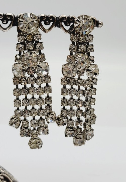 Crystal Chandelier Clip On Earring FRINGE Dangle Rhinestone Silver tone 2.25 in