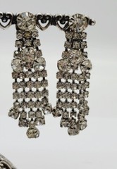Crystal Chandelier Clip On Earring FRINGE Dangle Rhinestone Silver tone 2.25 in