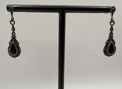 Sterling Silver Earrings Marcasite Onyx Black Drop Dangle Marked 925 3.51g