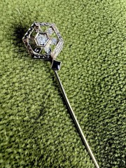 Antique Art Deco Victorian 18K White Gold Diamond & Sapphire Stick Pin Filigree