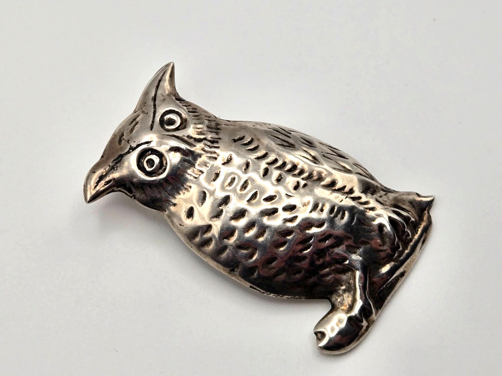 Vintage .925 Sterling Silver Great Horned Owl Brooch Pin Necklace Pendant Signed