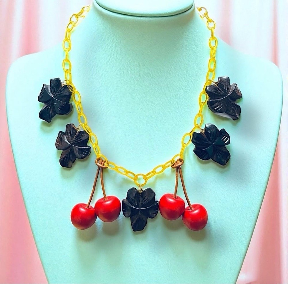 Vintage Carved Wood Leaf & Cherry Necklace with Apple Juice Celluloid Chain