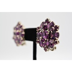 Vintage Purple Crystal Clip On Earrings Round Prong Silver Chunky 1960s BinAG