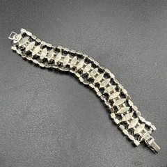 Mid-Century White Milk Glass & Rhinestone Bracelet, Silver-Tone, 1950s
